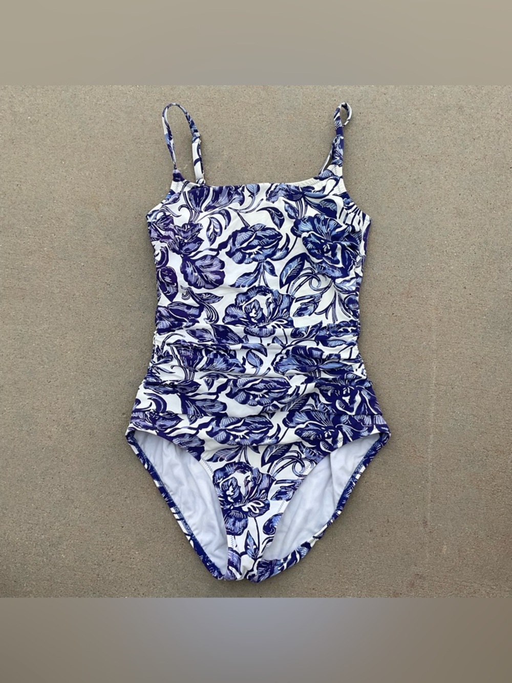 Land's End women's floral print one-piece swimsuit featuring ruched sides.
